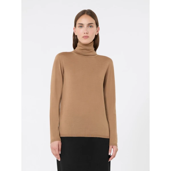 Max Mara Saluto Wool Polo-Neck Sweater in Camel | Turtlenecks | Coveti