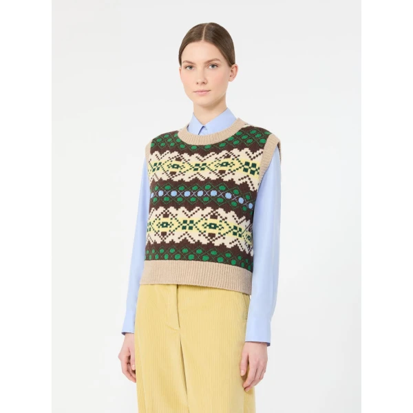 Max Mara Savana Jacquard Wool Gilet in Green | Sweaters | Coveti