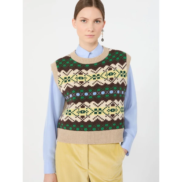 Max Mara Savana Jacquard Wool Gilet in Green | Sweaters | Coveti