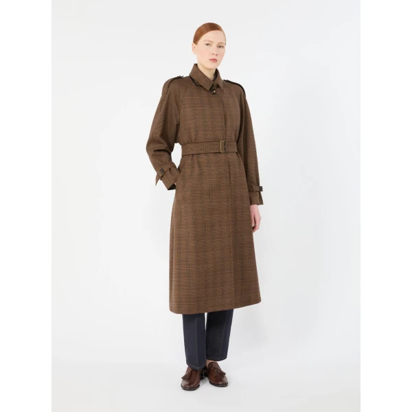 Max Mara Scoglio Glen Plaid Wool Twill Trench Coat in Tobacco | Trench Coat | Coveti