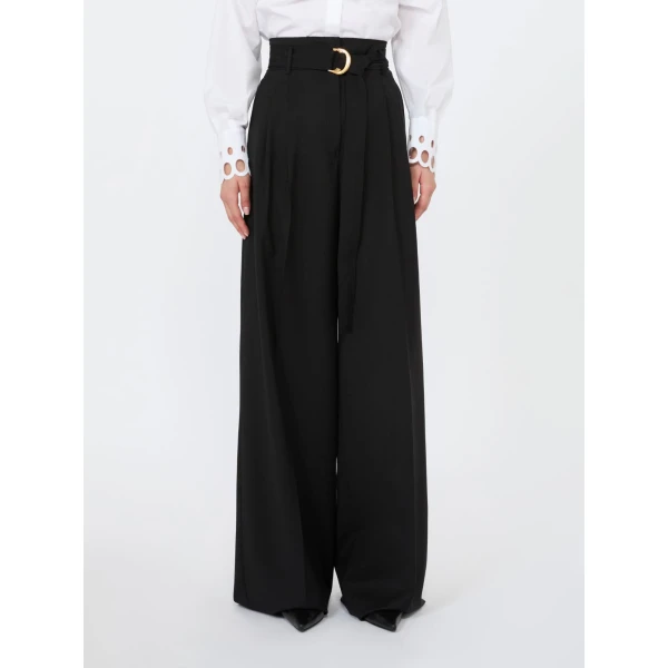 Max Mara Serio High-Waisted Woollen Cloth Trousers in Black | Wide leg pants | Coveti
