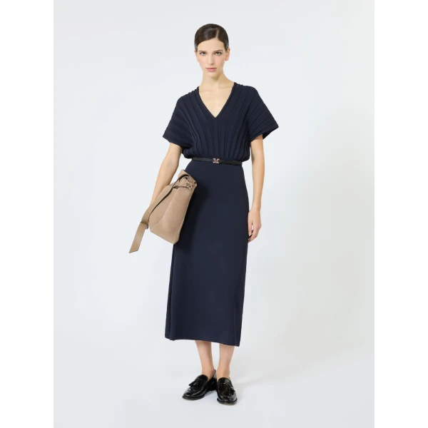 Max Mara Serio Rib-Knit Viscose Crepe Dress in Ultramarine | Midi Dresses | Coveti
