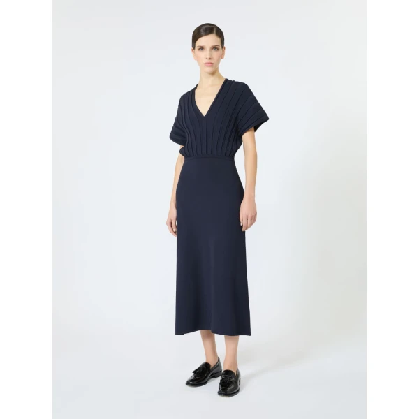 Max Mara Serio Rib-Knit Viscose Crepe Dress in Ultramarine | Midi Dresses | Coveti