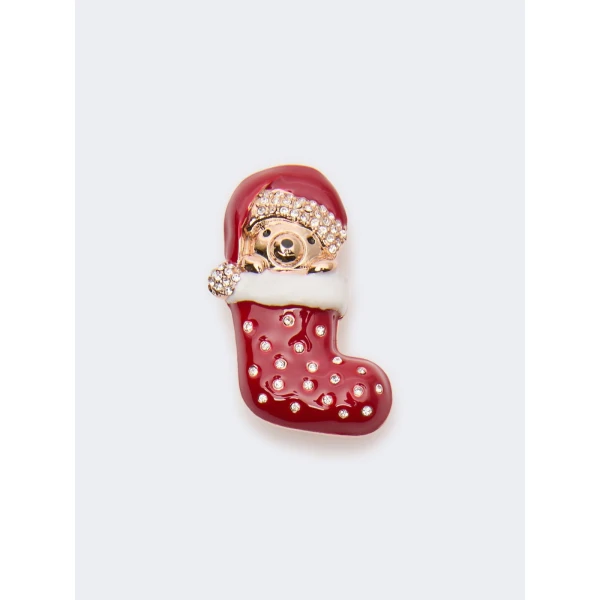Max Mara Shiny Metal Teddy Bear Brooch in Red | Brooches & Pins | Coveti