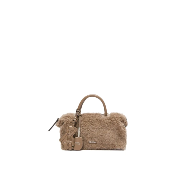 Small Alpaca and Cashmere Teddy Boston Bag in Beige Golden