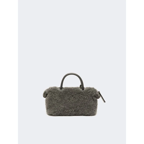 Max Mara Small Wool and Alpaca Teddy Boston Bag in Medium Grey | Totes & Top-Handle Bags | Coveti