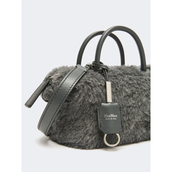 Max Mara Small Wool and Alpaca Teddy Boston Bag in Medium Grey | Totes & Top-Handle Bags | Coveti