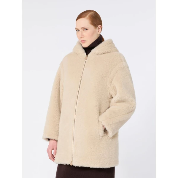 Max Mara Spadino Alpaca and Wool Teddy Hooded Coat in Beige | Wool Coat | Coveti