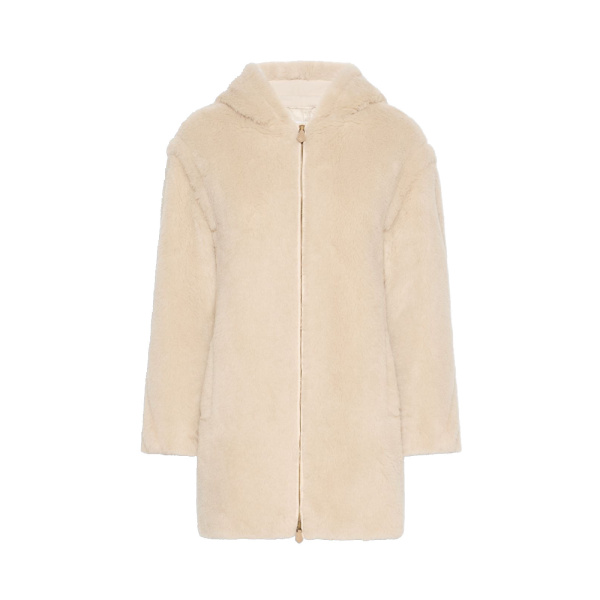 Max Mara Spadino Alpaca and Wool Teddy Hooded Coat in Beige | Wool Coat | Coveti