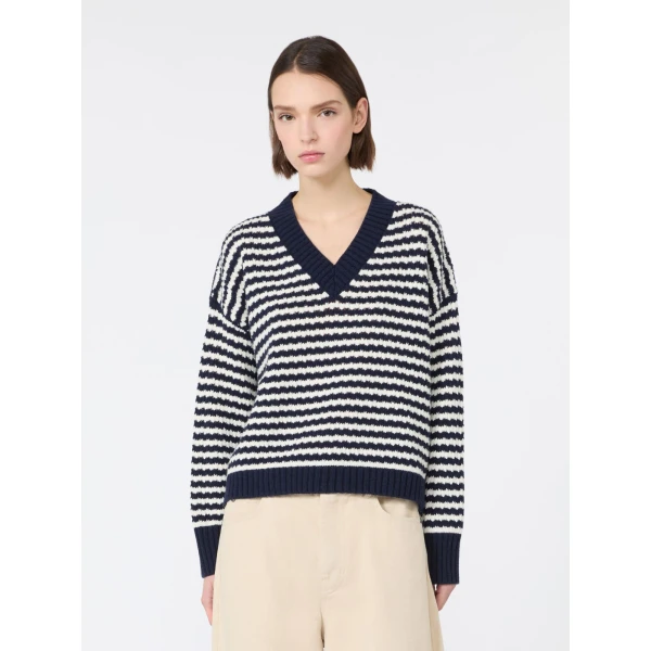 Max Mara Spiga Loose Wool V-Neck Jumper in Navy | Sweaters | Coveti