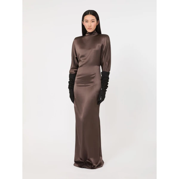 Max Mara Spuma Long Silk Satin Dress in Mud | Evening Gowns | Coveti