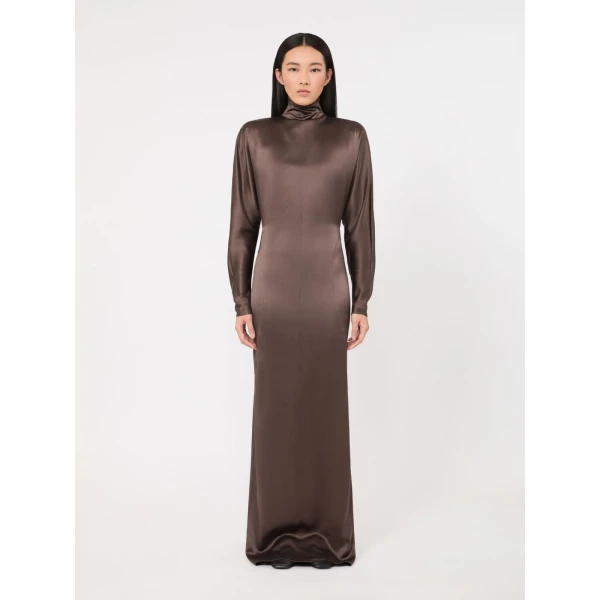 Max Mara Spuma Long Silk Satin Dress in Mud | Evening Gowns | Coveti