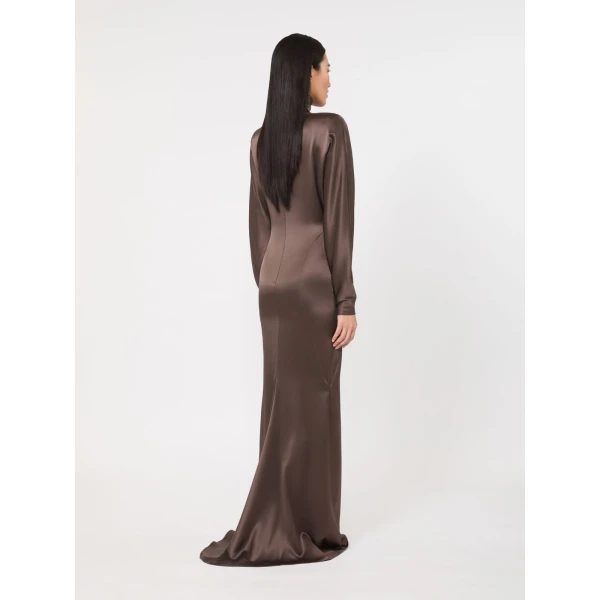 Max Mara Spuma Long Silk Satin Dress in Mud | Evening Gowns | Coveti