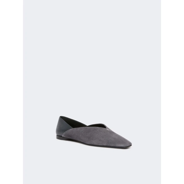 Max Mara Squareflat Suede and Nappa Ballet Flats in Medium Grey | Flats | Coveti