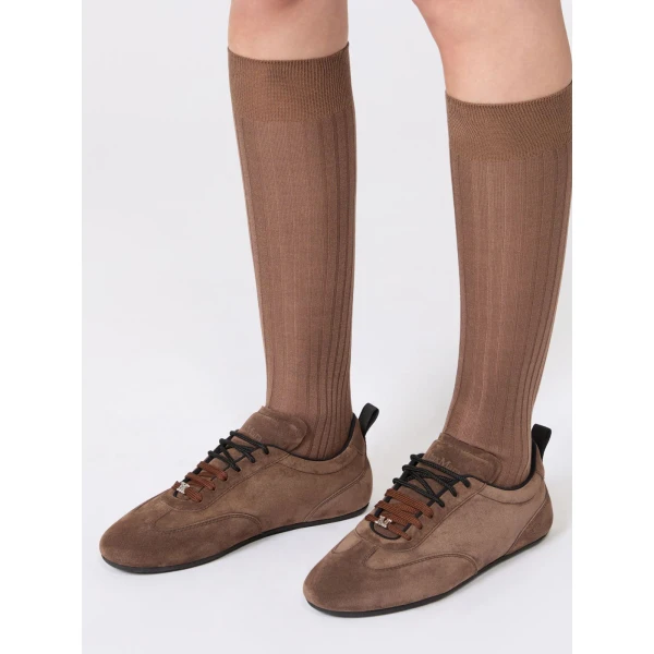 Max Mara Stecca Flat Split Leather Trainers in Dark Brown | Sneakers | Coveti