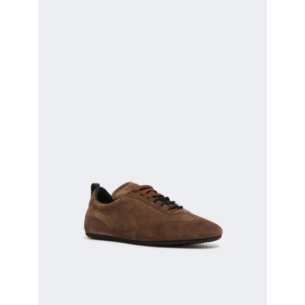 Max Mara Stecca Flat Split Leather Trainers in Dark Brown | Sneakers | Coveti