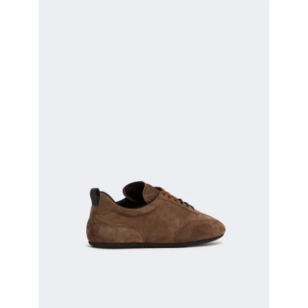 Max Mara Stecca Flat Split Leather Trainers in Dark Brown | Sneakers | Coveti