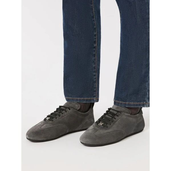 Max Mara Stecca Flat Split Leather Trainers in Medium Grey | Sneakers | Coveti