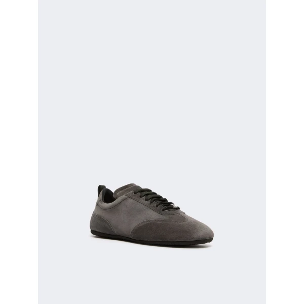 Max Mara Stecca Flat Split Leather Trainers in Medium Grey | Sneakers | Coveti