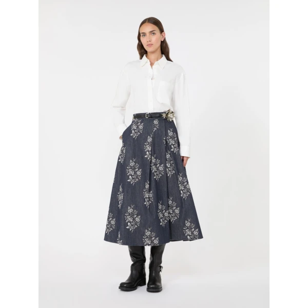 Max Mara Struzzo Pleated Printed Cotton Skirt in Navy | Pleated Skirts | Coveti