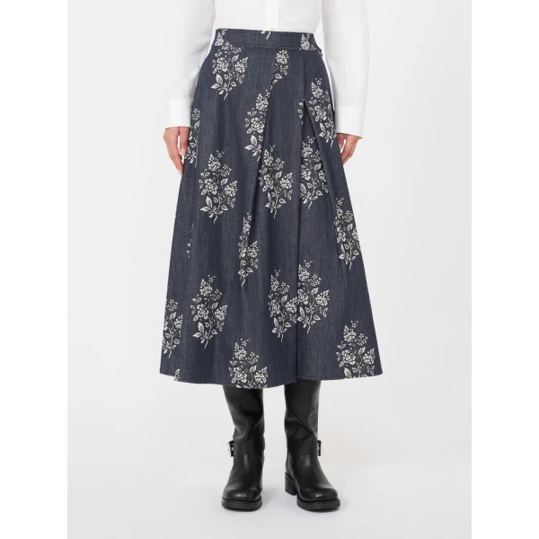 Max Mara Struzzo Pleated Printed Cotton Skirt in Navy | Pleated Skirts | Coveti