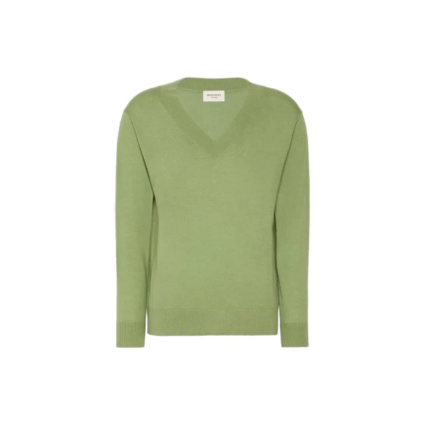 Max Mara Talamo Wool, Silk and Cashmere V-Neck Jumper in Green | Sweaters | Coveti