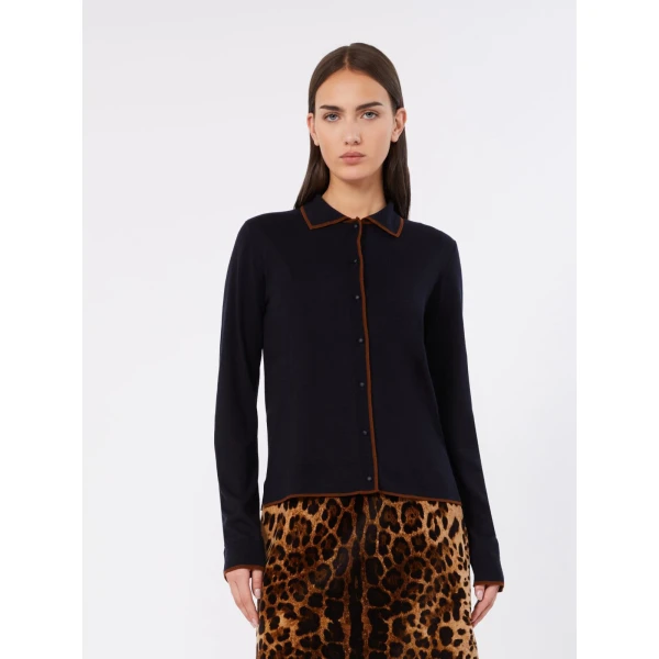 Max Mara Targa Wool and Silk Cardigan in Navy | Cardigan | Coveti