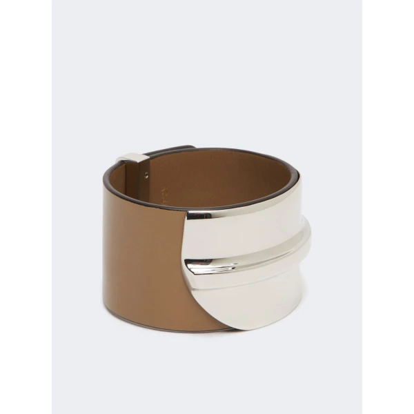 Max Mara Tavola Leather and Metal Wide Cuff in Mud | Bracelets | Coveti