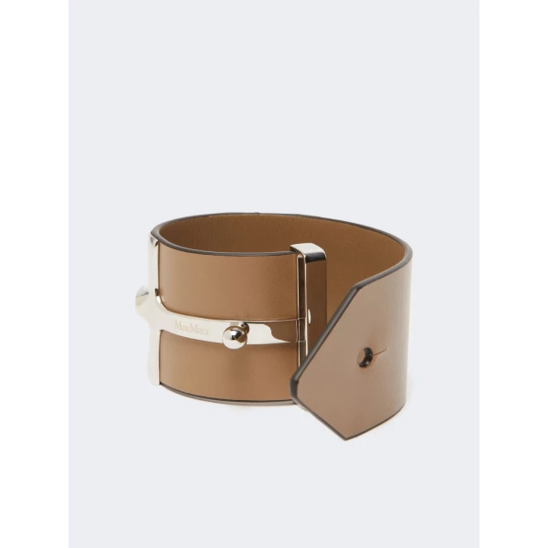 Max Mara Tavola Leather and Metal Wide Cuff in Mud | Bracelets | Coveti