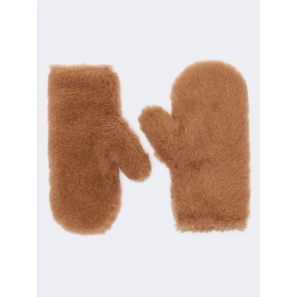Max Mara Teddy Fabric Mittens in Camel | Gloves | Coveti
