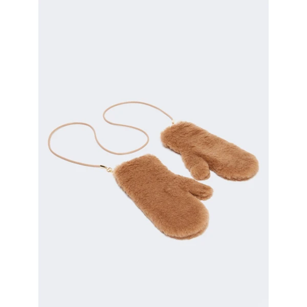Max Mara Teddy Fabric Mittens in Camel | Gloves | Coveti