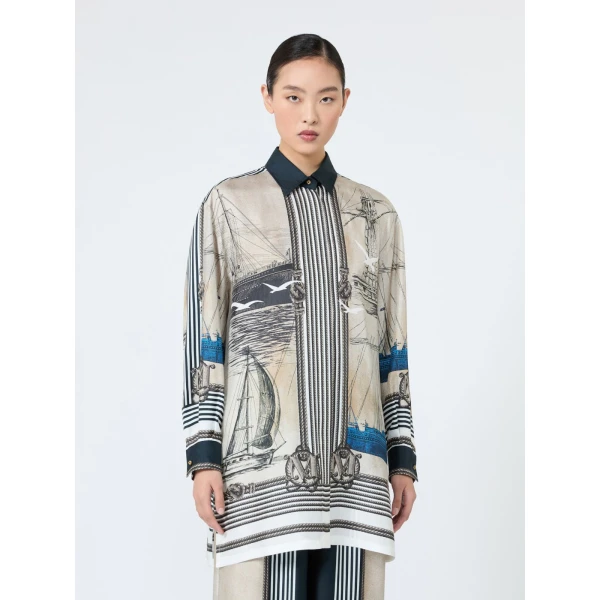 Max Mara Teglia Oversized Printed Silk Shirt in Stone Grey | Shirts | Coveti
