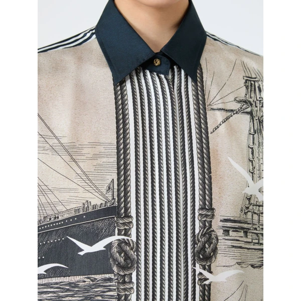 Max Mara Teglia Oversized Printed Silk Shirt in Stone Grey | Shirts | Coveti