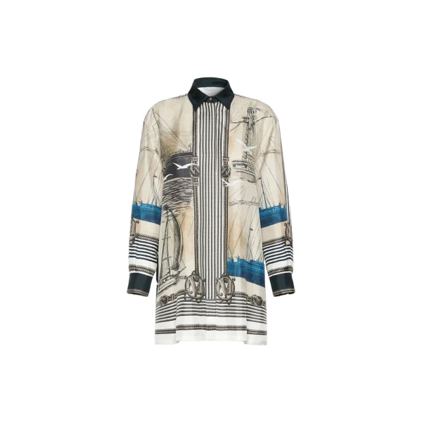 Teglia Oversized Printed Silk Shirt in Stone Grey
