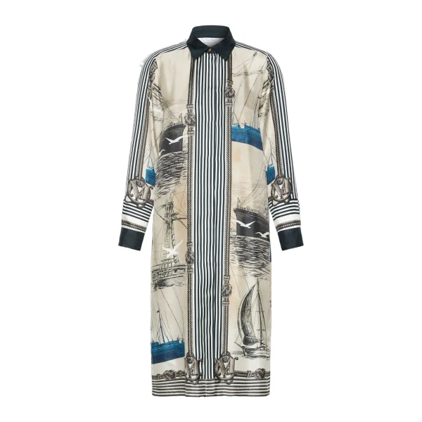 Teismo Printed Silk Twill Shirt Dress in Stone Grey