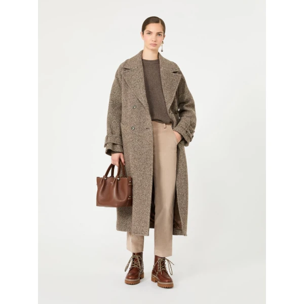Max Mara Tema Long Wool-Blend Tweed Coat in Brown | Wool Coat | Coveti