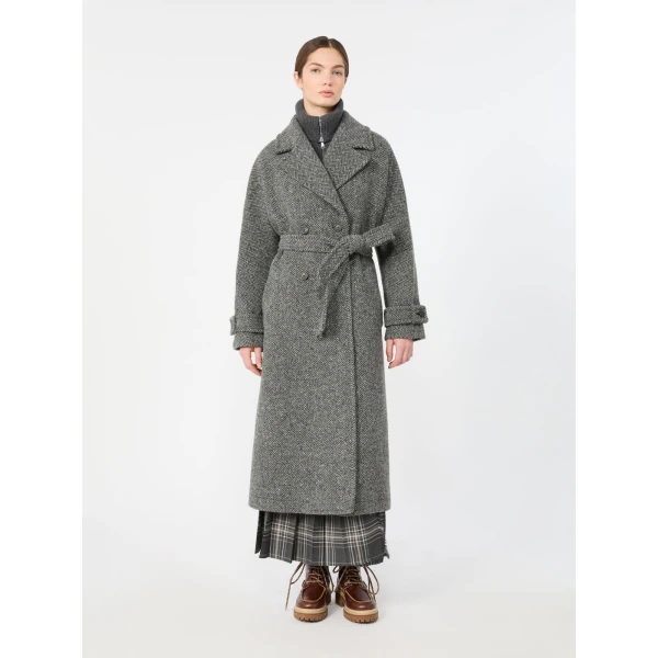 Max Mara Tema Long Wool-Blend Tweed Coat in Dark Grey | Wool Coat | Coveti