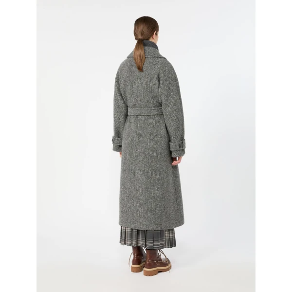 Max Mara Tema Long Wool-Blend Tweed Coat in Dark Grey | Wool Coat | Coveti