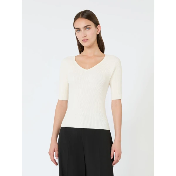 Max Mara Tenente Rib-Knit Stretch Viscose Jumper in Ecru | Sweaters | Coveti