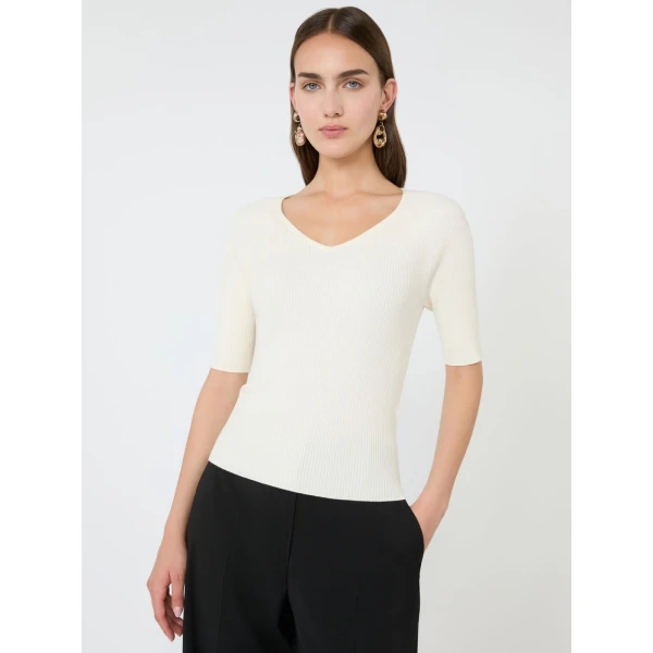 Max Mara Tenente Rib-Knit Stretch Viscose Jumper in Ecru | Sweaters | Coveti
