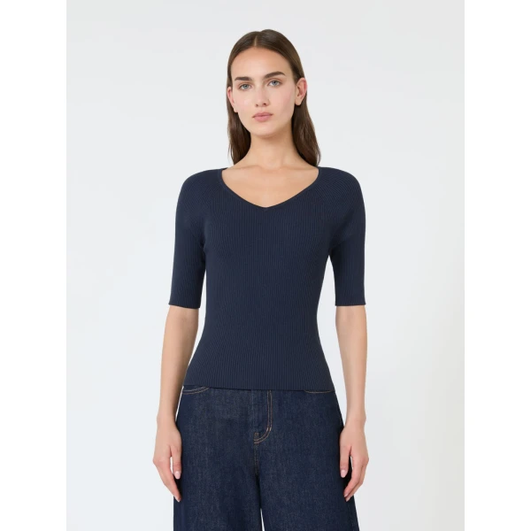 Max Mara Tenente Rib-Knit Stretch Viscose Jumper in Navy | Sweaters | Coveti