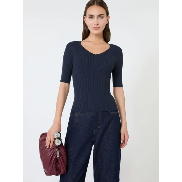 Max Mara Tenente Rib-Knit Stretch Viscose Jumper in Navy | Sweaters | Coveti