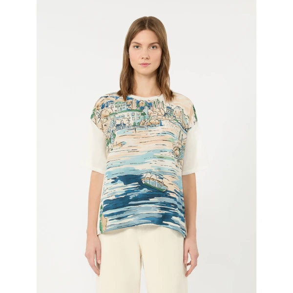 Max Mara Terzo Jersey and Printed Silk T-Shirt in Light Blue | T-shirts | Coveti