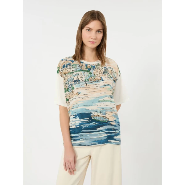 Max Mara Terzo Jersey and Printed Silk T-Shirt in Light Blue | T-shirts | Coveti