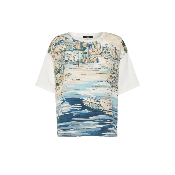 Max Mara Terzo Jersey and Printed Silk T-Shirt in Light Blue | T-shirts | Coveti