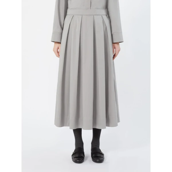 Max Mara Tesoro Cotton Satin Pleated Midi Skirt in Light Grey | Pleated Skirts | Coveti