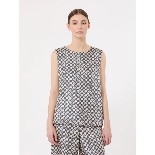 Max Mara Timetop Printed Silk Sleeveless Top in Navy | Blouse | Coveti