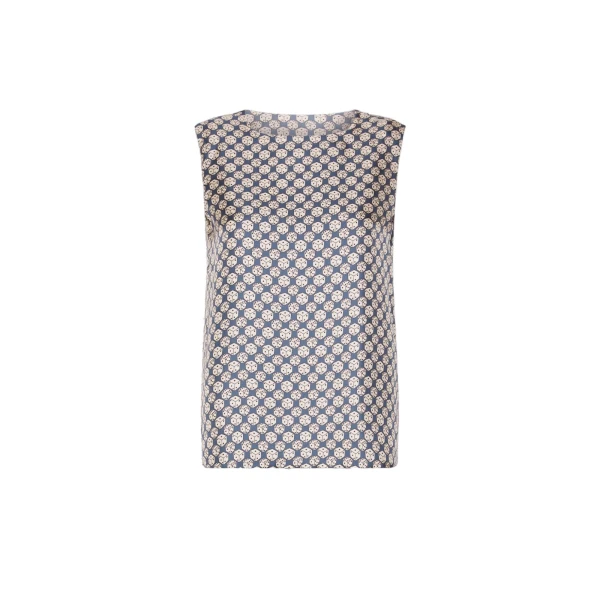 Max Mara Timetop Printed Silk Sleeveless Top in Navy | Blouse | Coveti