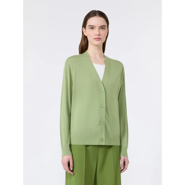 Max Mara Torre Wool, Silk and Cashmere V-Neck Cardigan in Green | Cardigan | Coveti