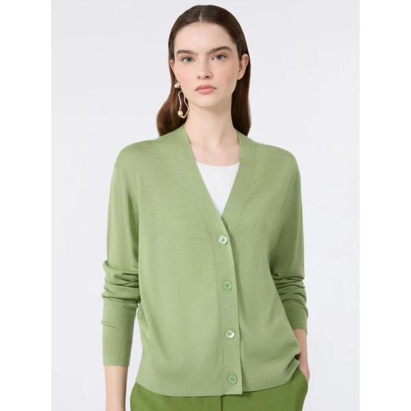 Max Mara Torre Wool, Silk and Cashmere V-Neck Cardigan in Green | Cardigan | Coveti